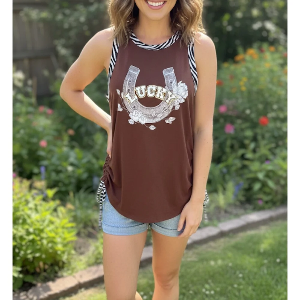 No Boundaries Brown Tank Top with Lucky Horseshoe - Picture 1 of 4